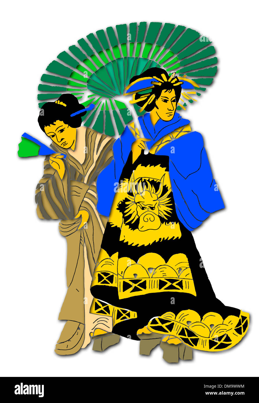 Traditional Japanese costume - illustration based on facade of Casa de los Paraguas, Barcelona [see 'description'] Stock Photo