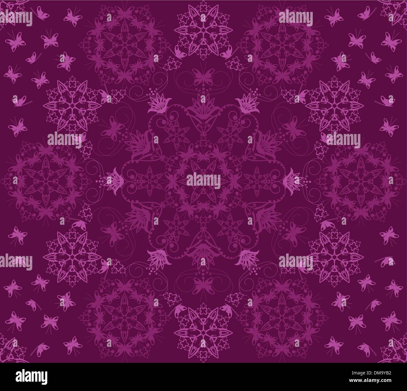 Seamless purple flowers and butterflies pattern Stock Vector