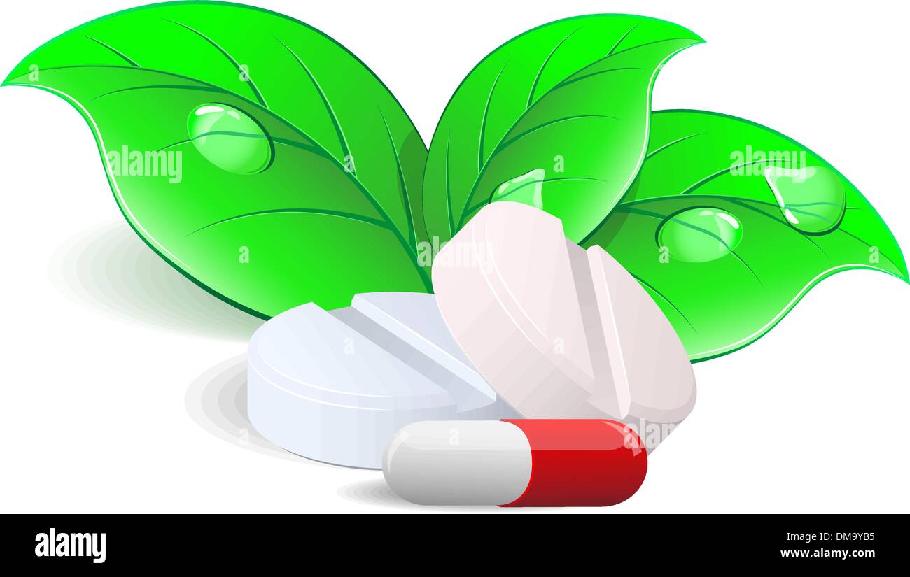 Medicament: two pills and capsulesover. Vector. Stock Vector