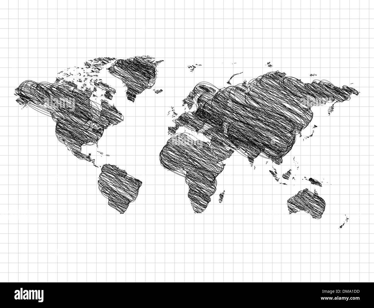 World map drawing, pencil sketch Stock Vector