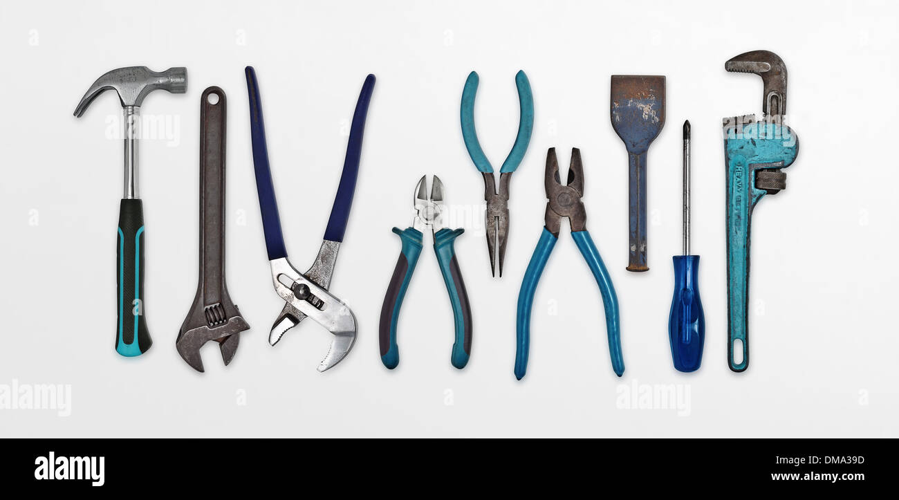 A set of isolated used hand tools all with blue handles Stock Photo Alamy