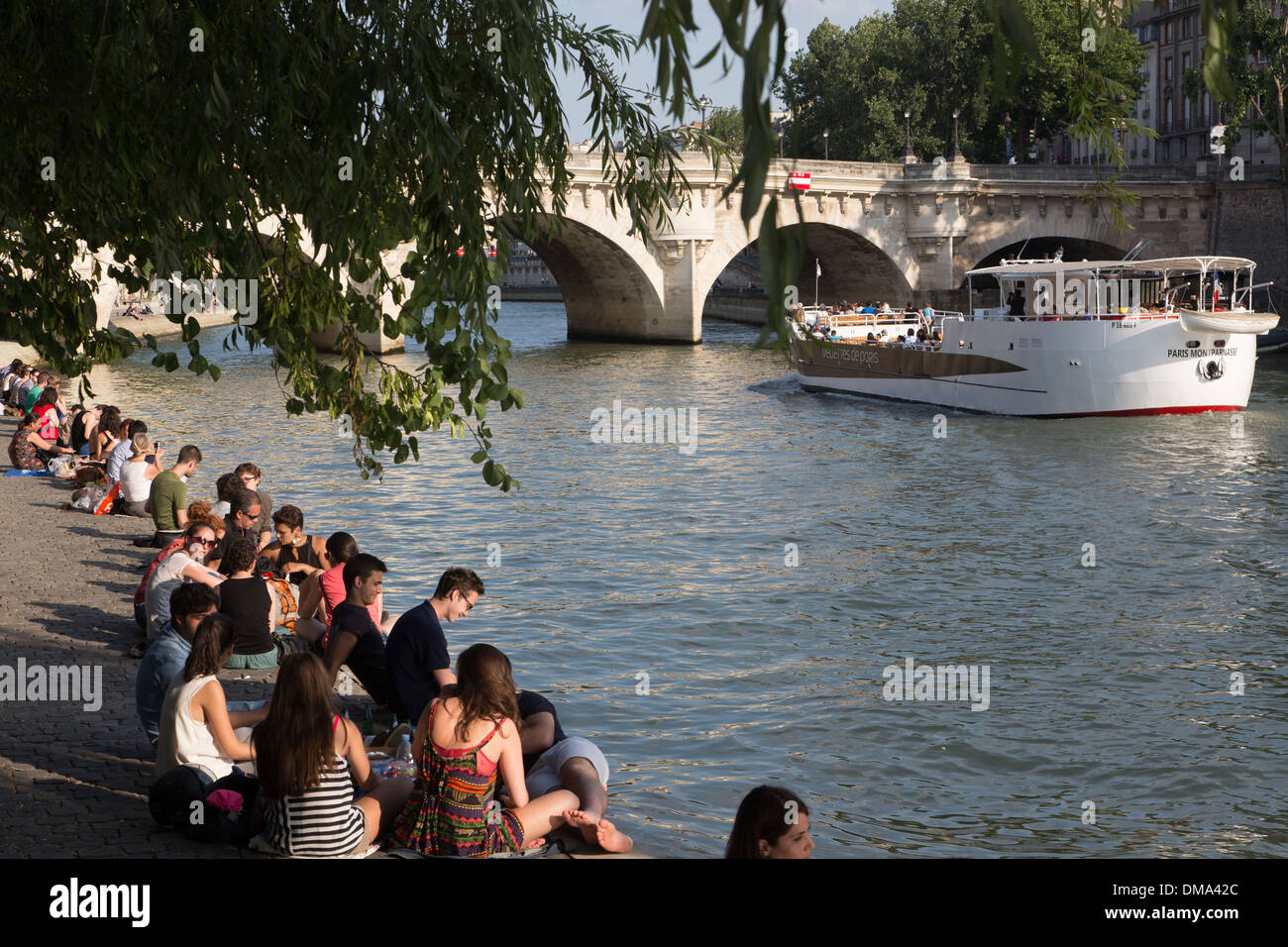 RELAXING AND PICNICKING ON THE QUAYS OF THE SEINE AND ILE DE LA CITE WITH THE PONT NEUF BRIDGE IN FRONT OF THE SQUARE DU VERT GALANT, QUAY OF THE LOUVRE, PARIS (75), FRANCE Stock Photo