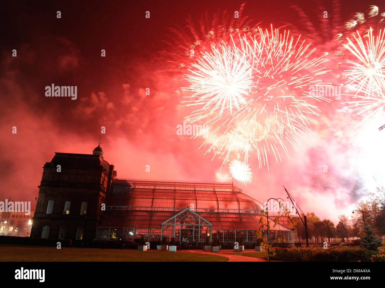 Fireworks over The People's Palace and Winter Gardens in Glasgow Green, Scotland Stock Photo