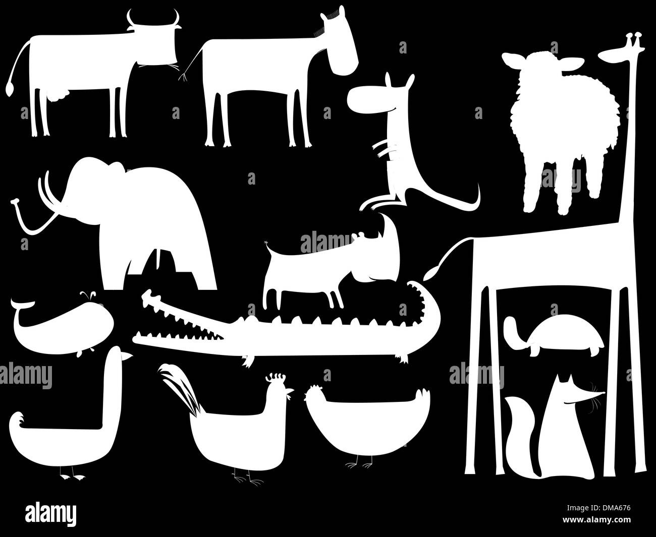 animal white silhouettes isolated on black background Stock Vector