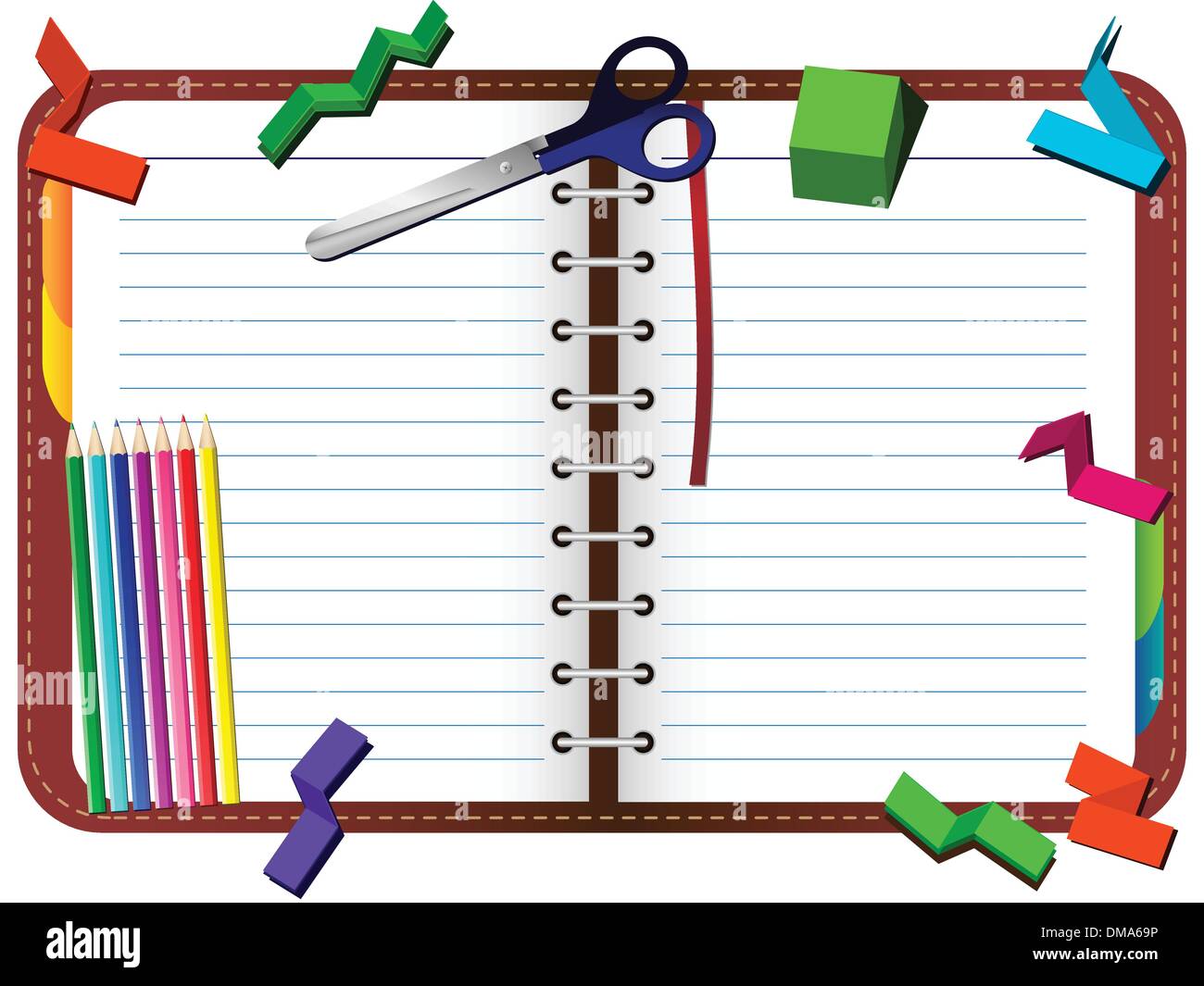 Organizer with pencils, scissors and paper pieces set Stock Vector