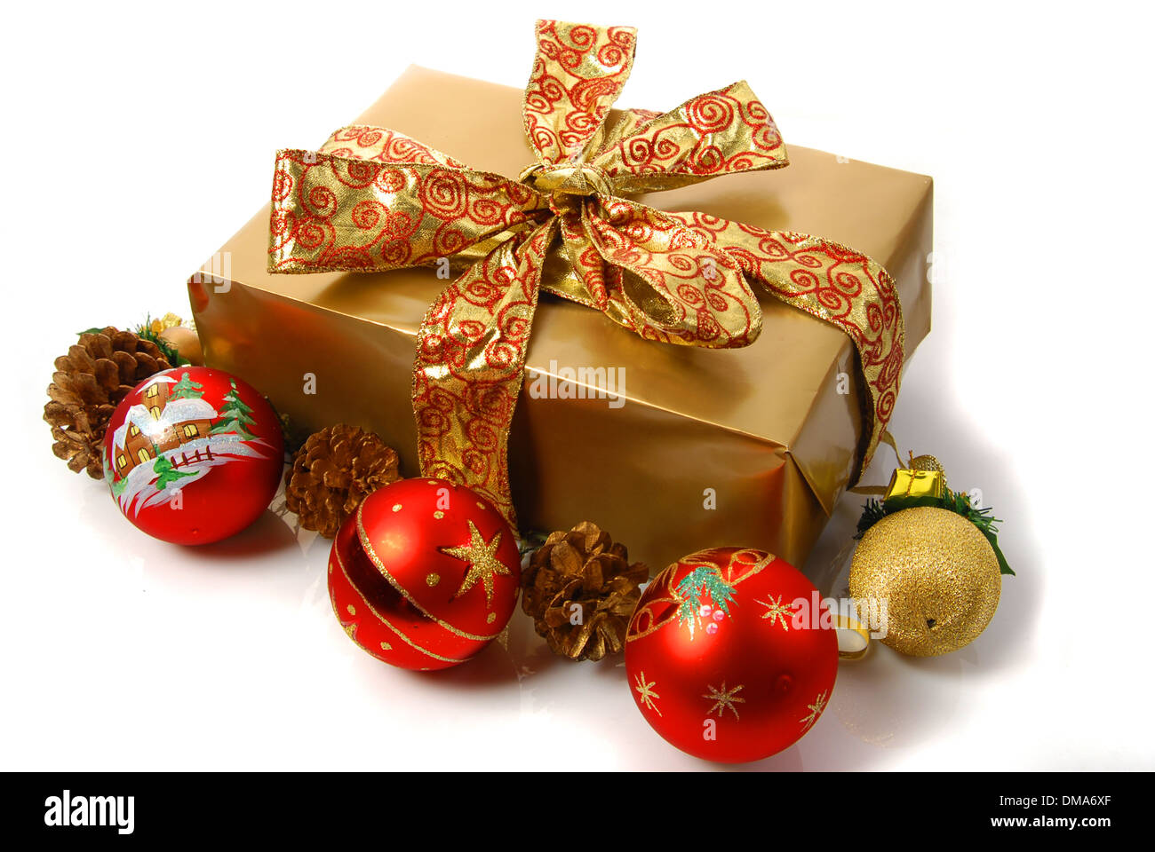 pezent under a Christmas tree on a white background Stock Photo