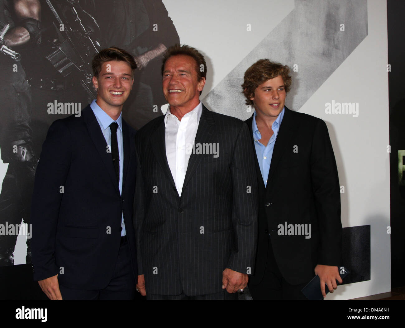 Patrick Schwarzenegger Arnold Schwarzenegger and Christopher Schwarzenegger at Los Angeles Premiere of Expendables 2 at Stock Photo