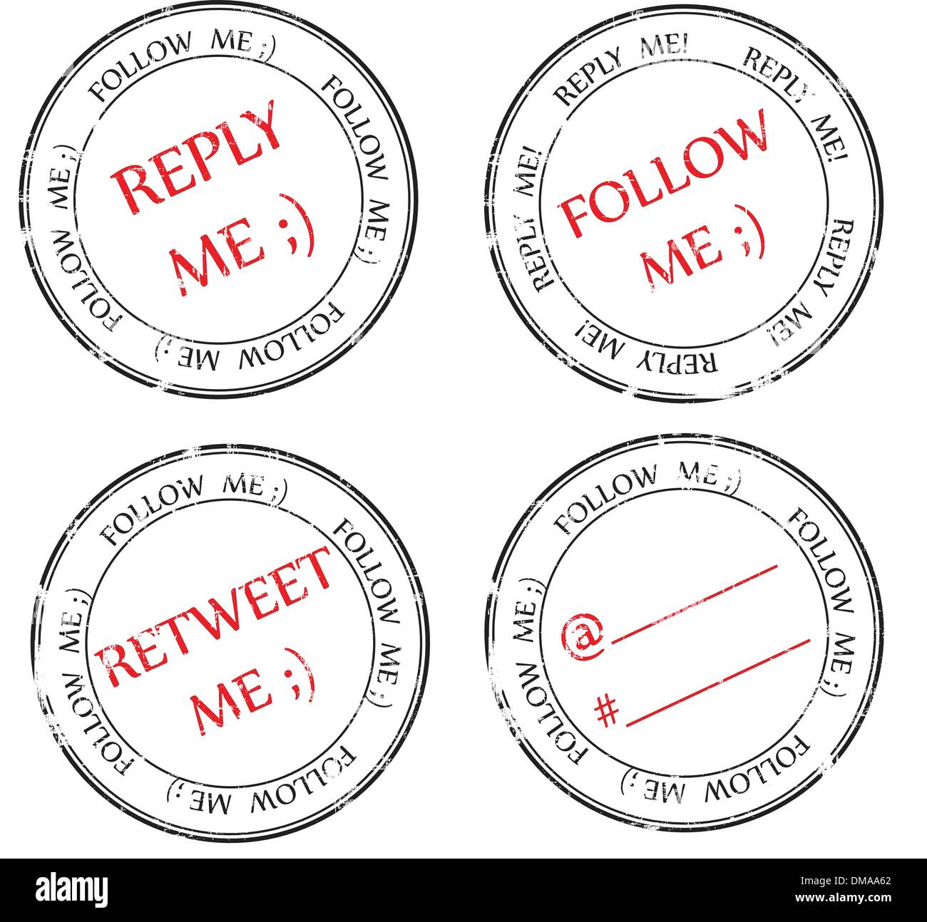 set of stamps to Twitter: follow, reply, retweet Stock Vector