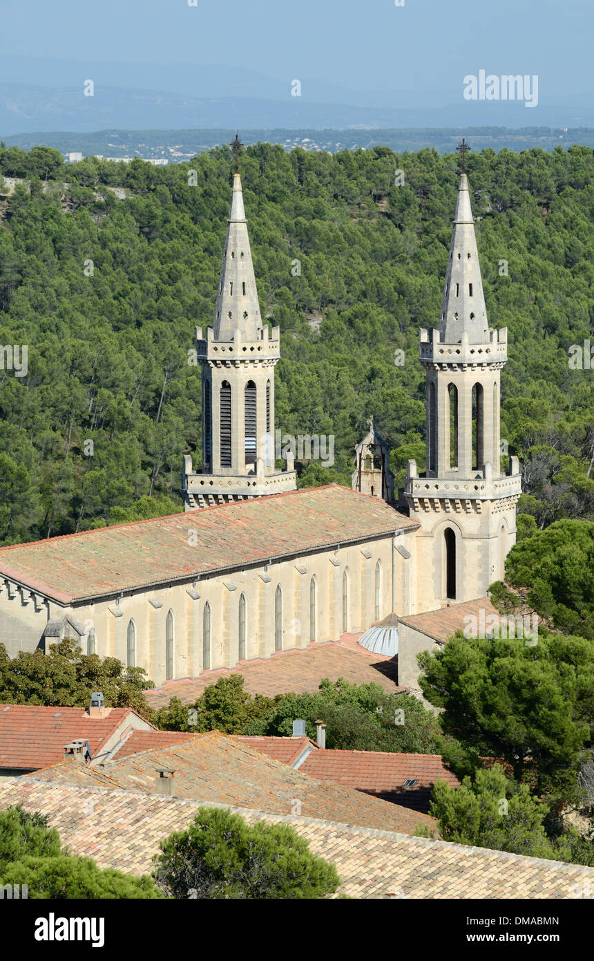 Church Spires of the Gothic Frigolet Abbey or Abbaye de St-Michel Frigolet near Tarascon Montagnette Provence France Stock Photo