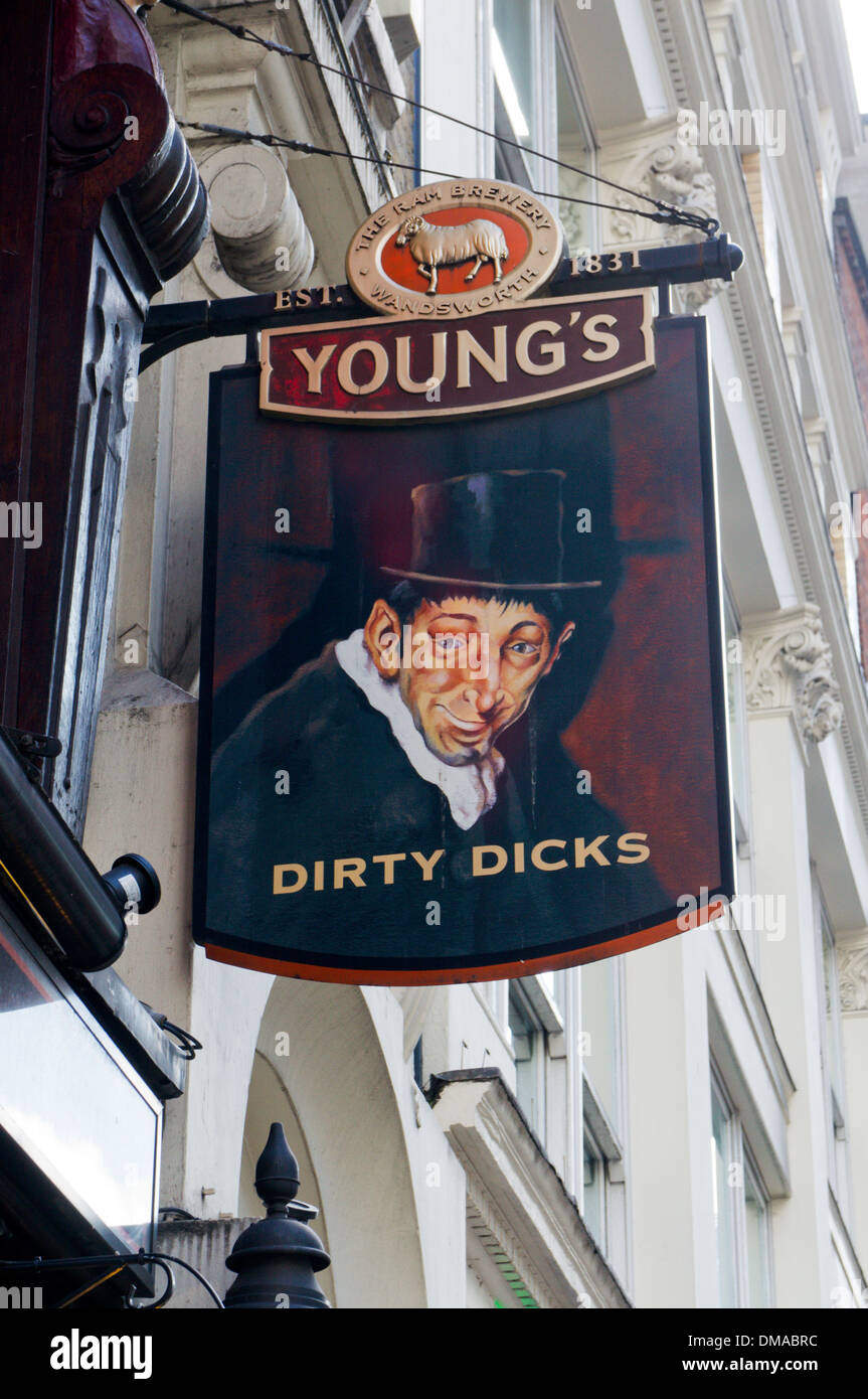 Sign for Dirty Dicks, a Young's pub in Bishopsgate in the City of London. Stock Photo