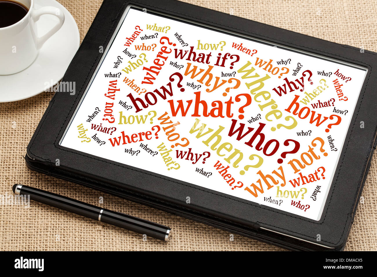 who, what, when, where, why, how questions - brainstorming concept - word cloud on a digital tablet with a cup of coffee Stock Photo