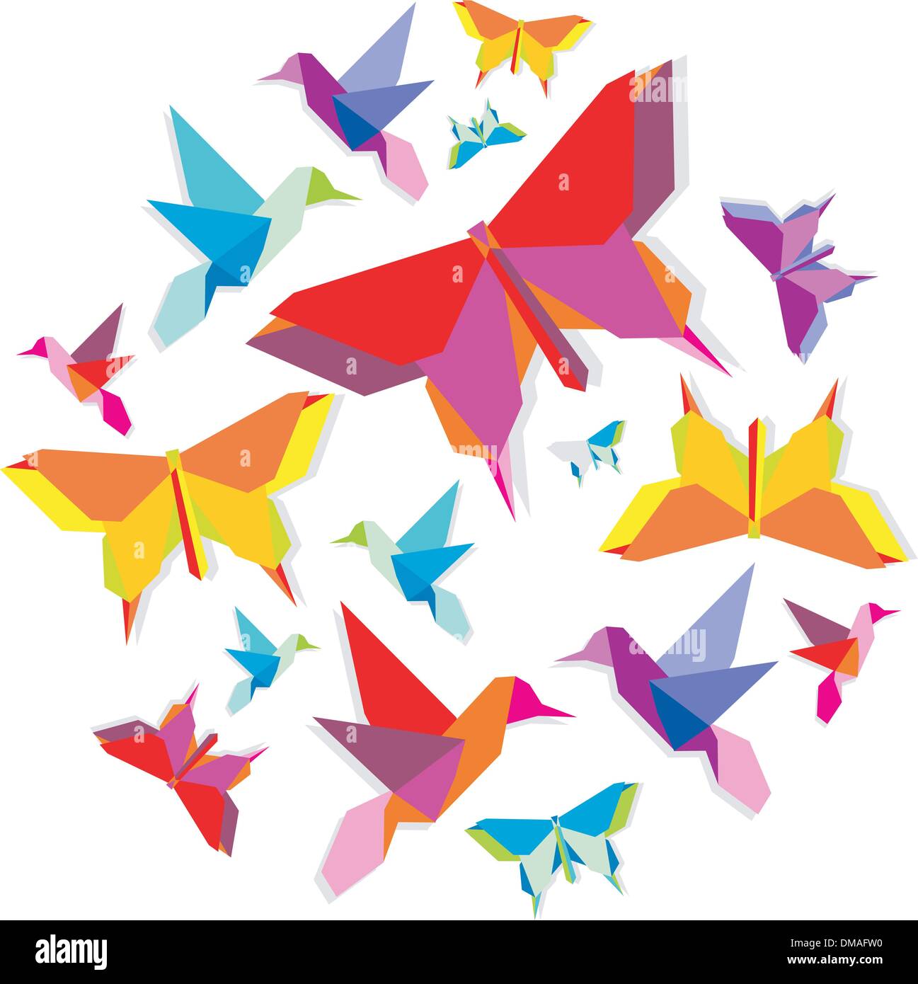 Spring Origami bird and butterfly circle Stock Vector