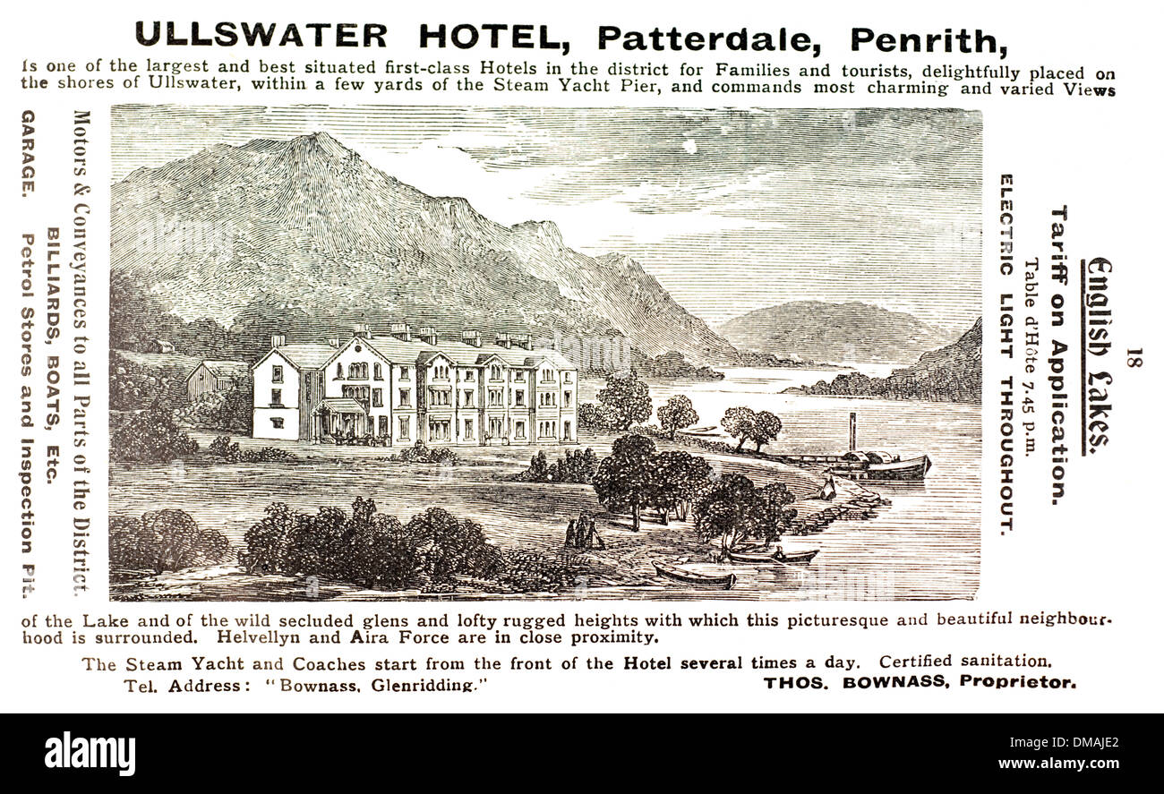 Ullswater Hotel Patterdale Penrith Old Advert UK Historical Archival Document Stock Photo