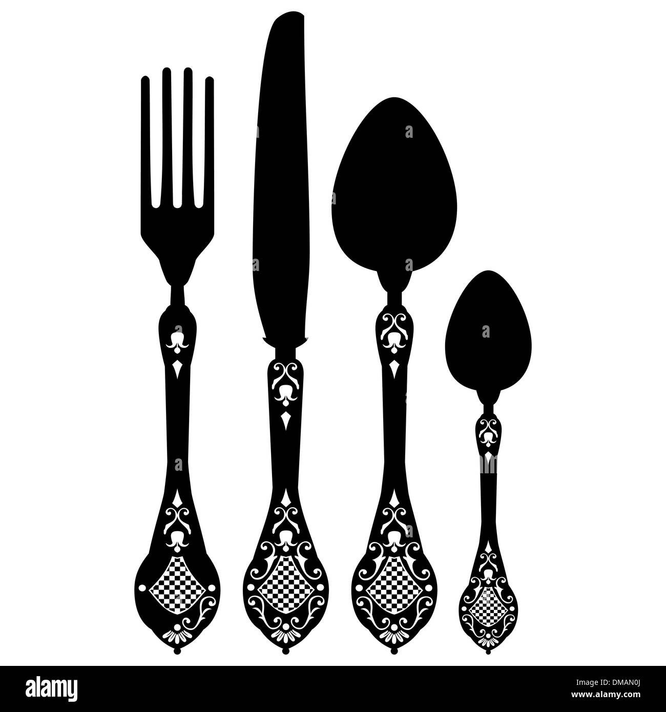 Retro vector silhouette of knife, fork, spoon and spork Stock Vector Image  & Art - Alamy