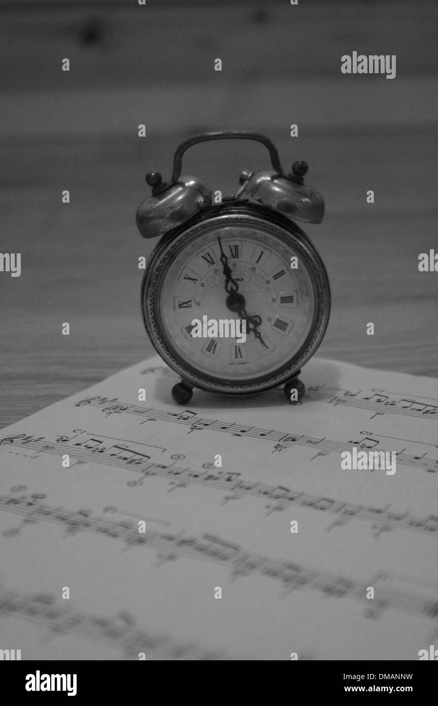 clock, time, close up, alarm, music notes Stock Photo