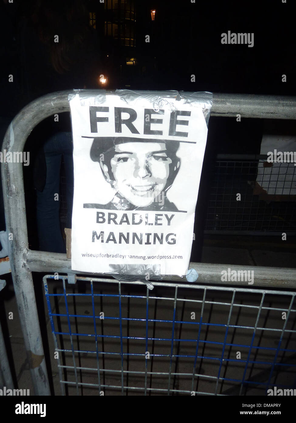Posters and placards left by protesters outside Ecuadorian Embassy