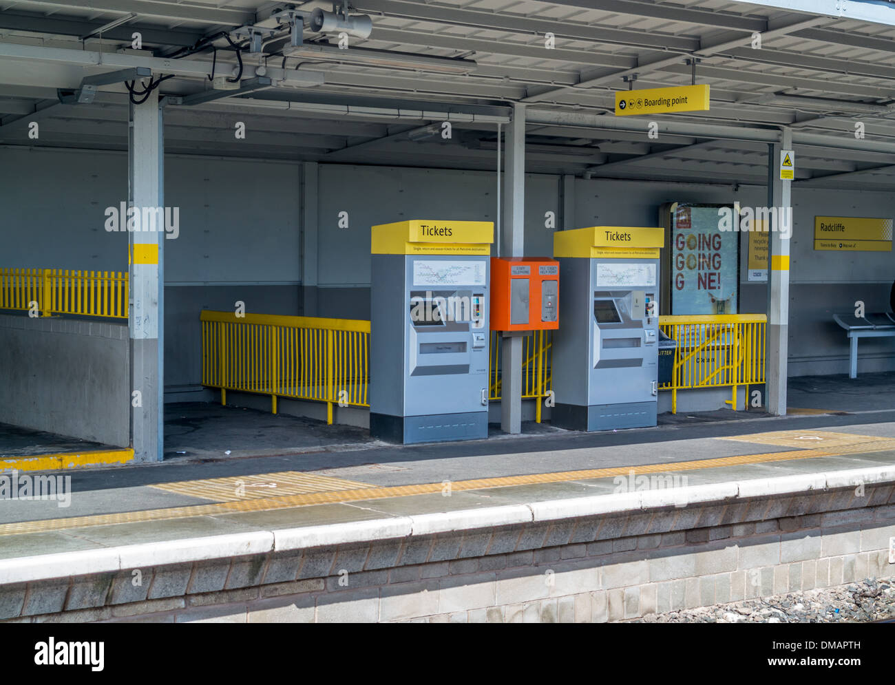 Metrolink tram ticket machines on the platform in Radcliffe Stock Photo