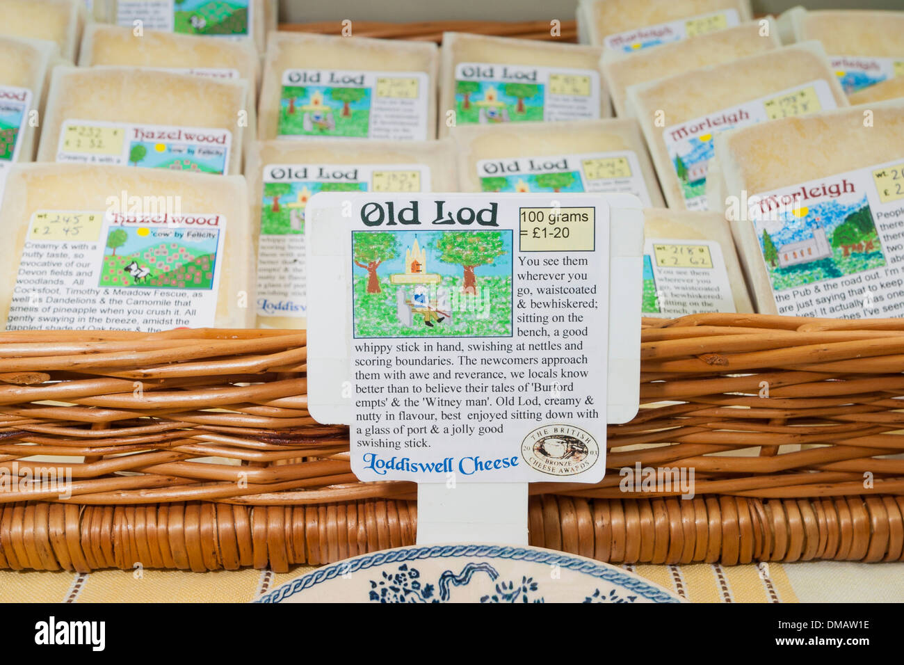 Local cheese for sale at Kingsbridge Farmers market, Kingsbridge, Devon, UK Stock Photo
