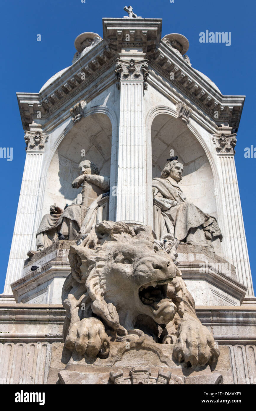 LION OF THE SAINT-SULPICE FOUNTAIN ORNAMENTED WITH FOUR STATUES OF BISHOPS, ON PLACE SAINT-SULPICE, PARIS (75), FRANCE Stock Photo
