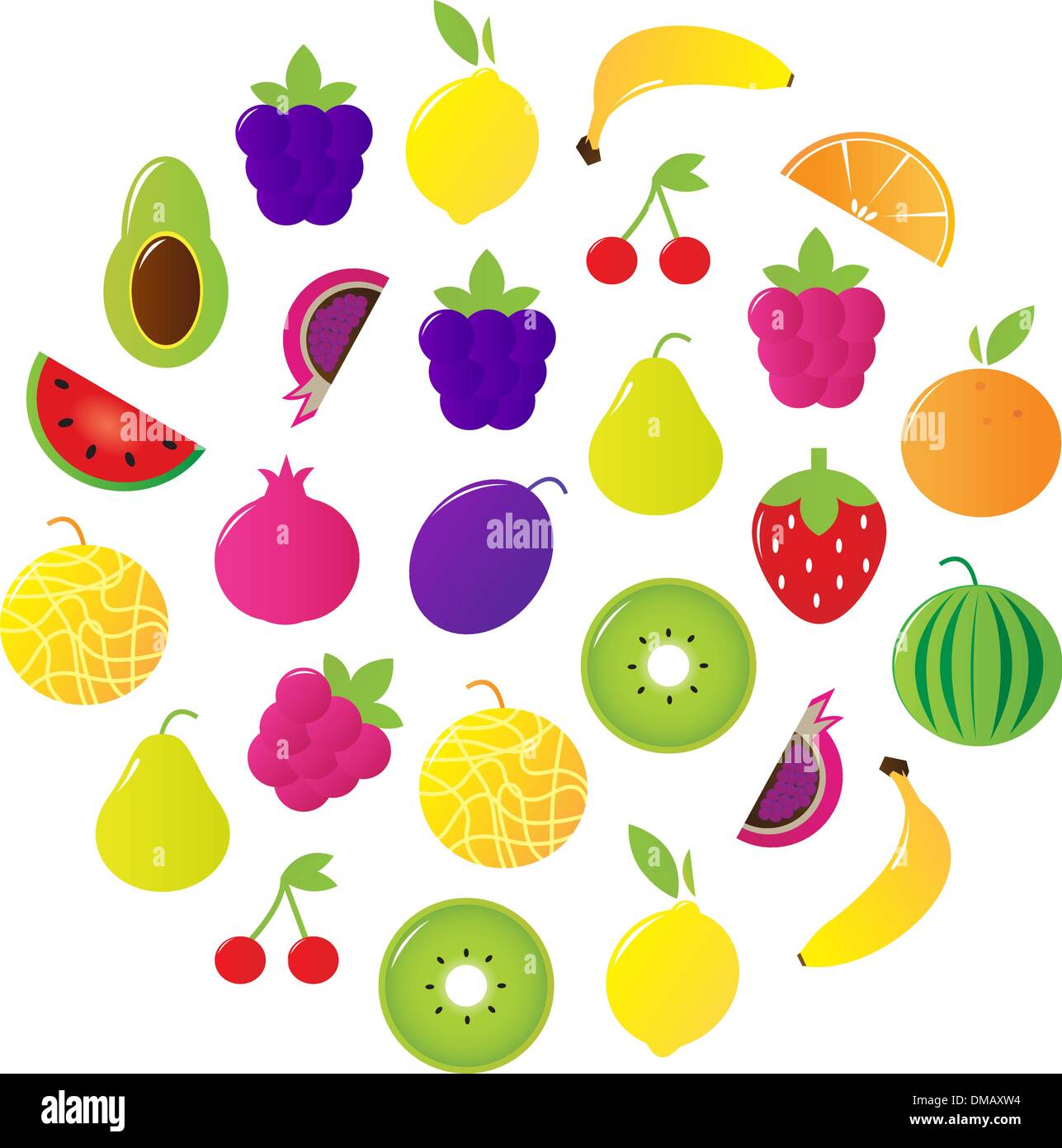 Fresh fruit & berries circle isolated on white Stock Vector