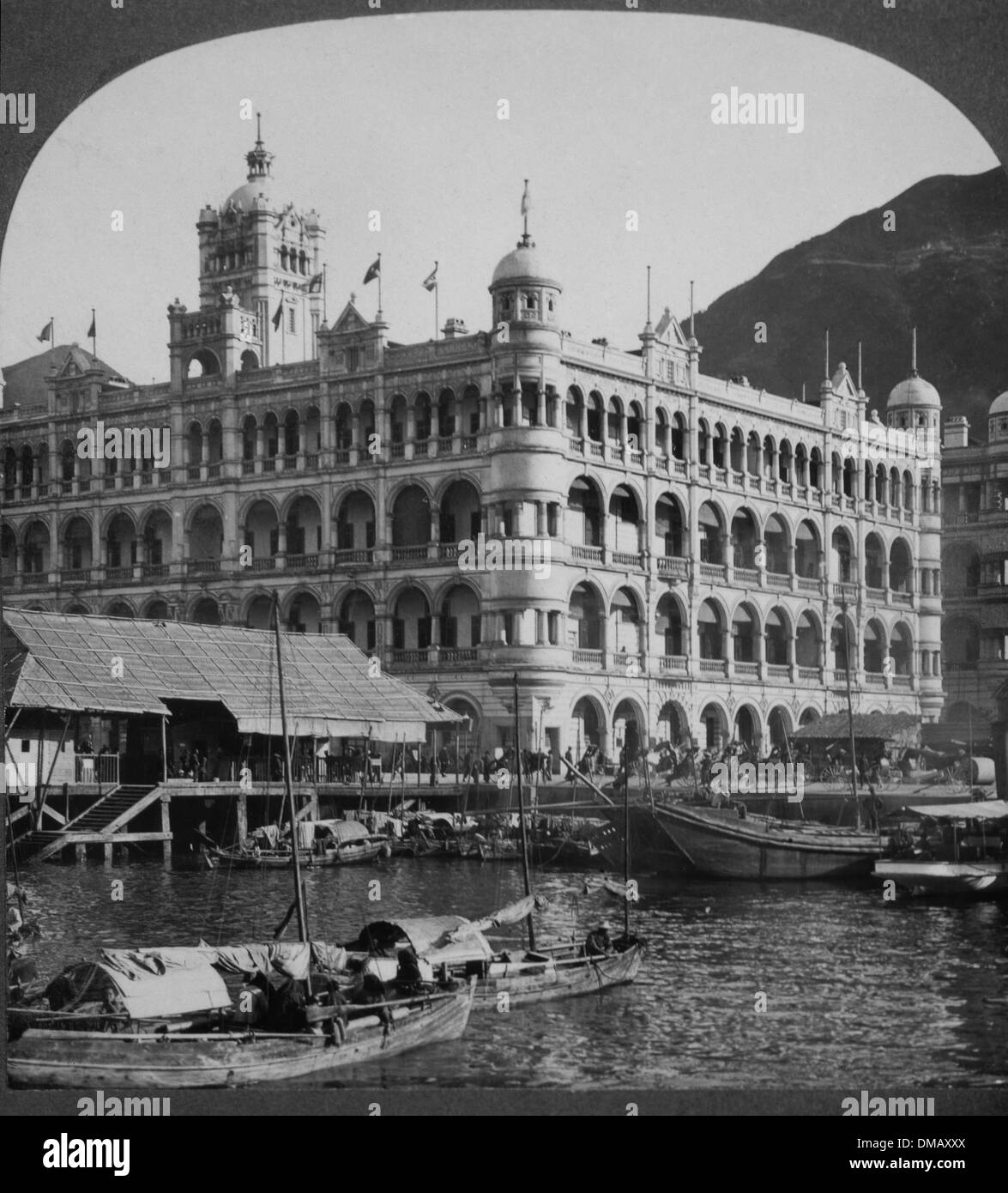 Queen's Building and Harbor, Hong Kong, 1902 Stock Photo