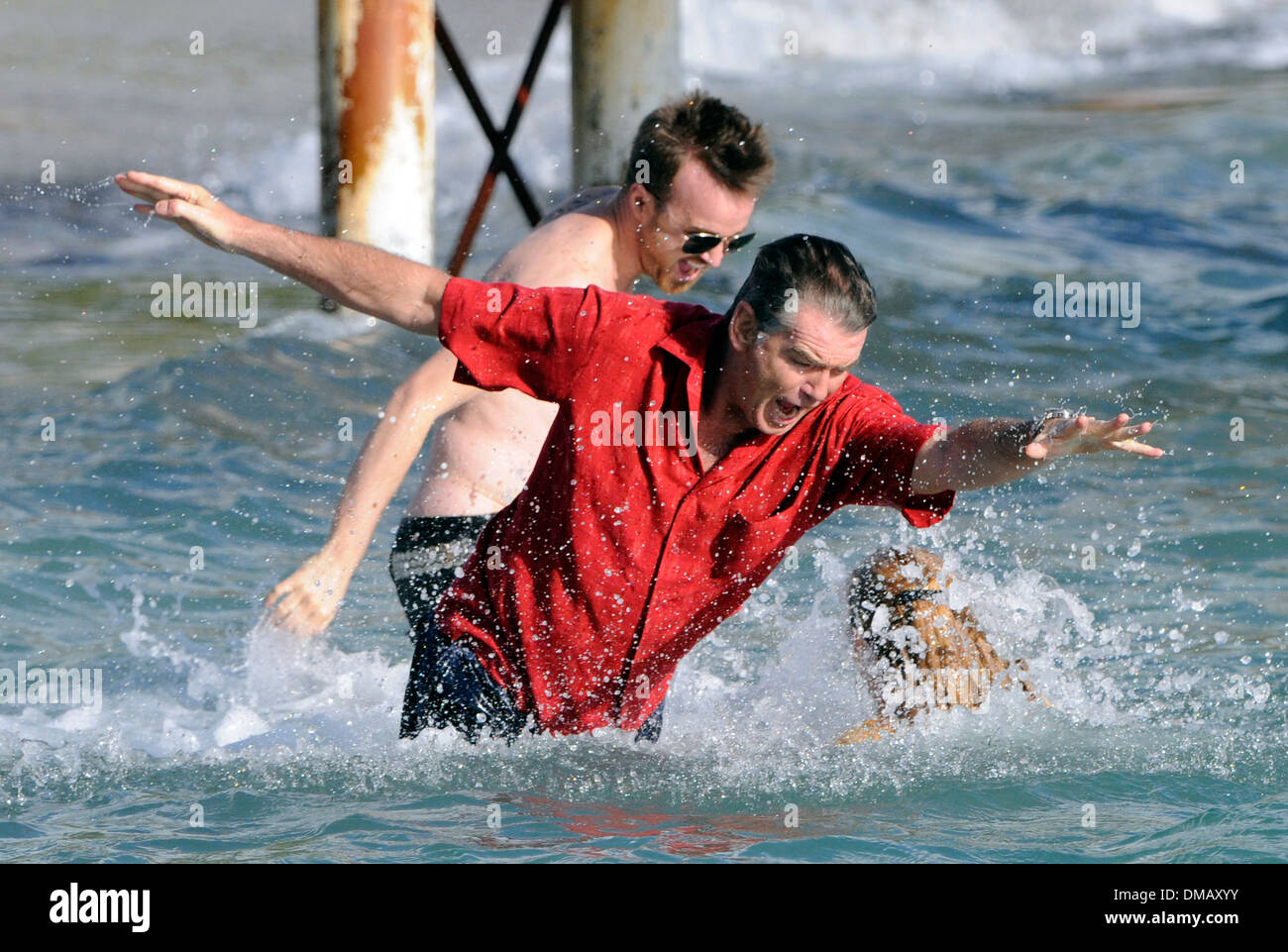 Pierce Brosnan, Aaron Paul, Rosamund Pike and Imogen Poots on the set of the movie 'A long way down'.Shot in Mallorca in October Stock Photo