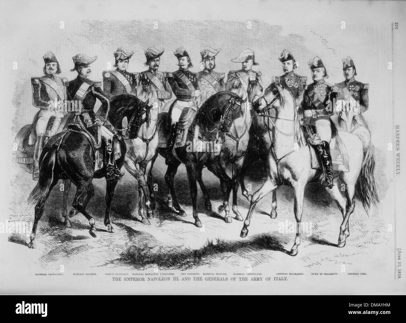 Emperor Napoleon III and Generals of the Army of Italy, Engraving from Harper's Weekly, 1859 Stock Photo