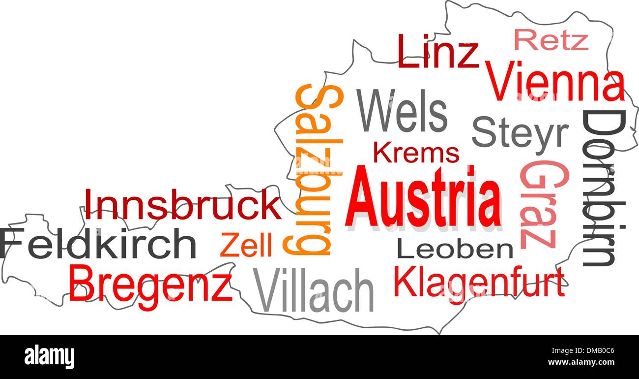 austria map and words cloud with larger cities Stock Vector
