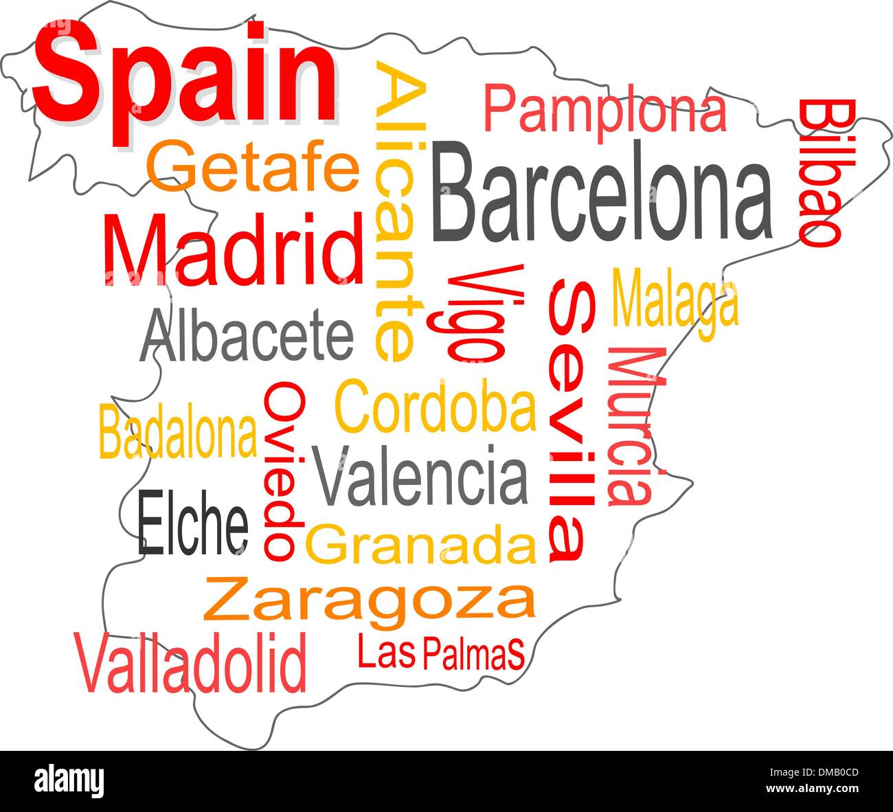 spain map and words cloud with larger cities Stock Vector