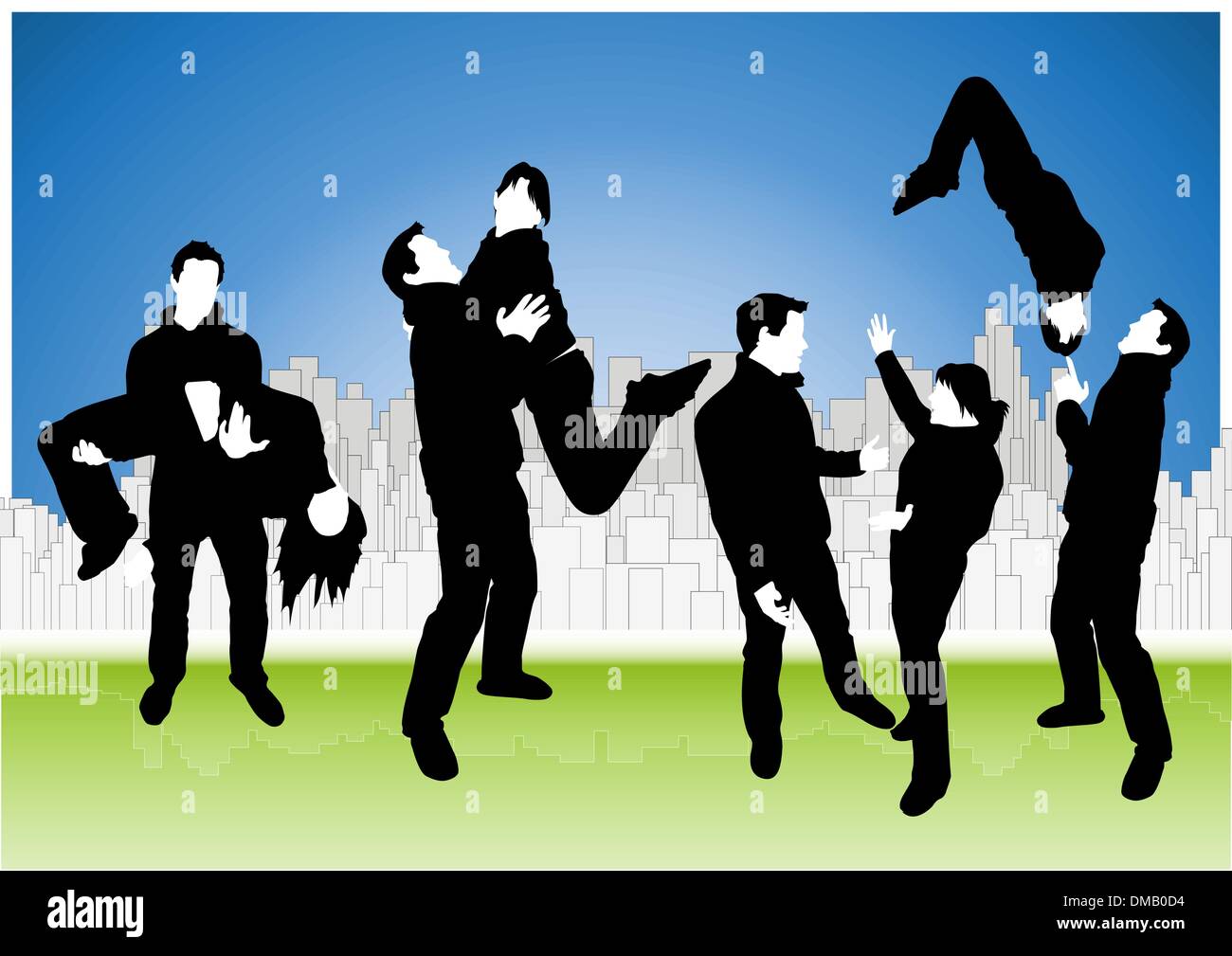 Collection of happy couple silhouettes on a modern urban citysca Stock Vector