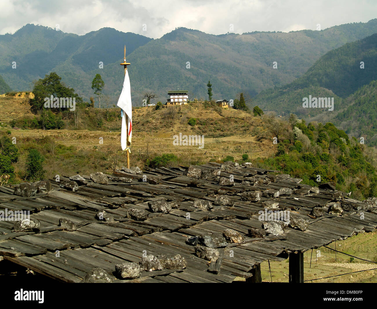 Stones hold down roof in the Punakha Valley,Bhutan Stock Photo