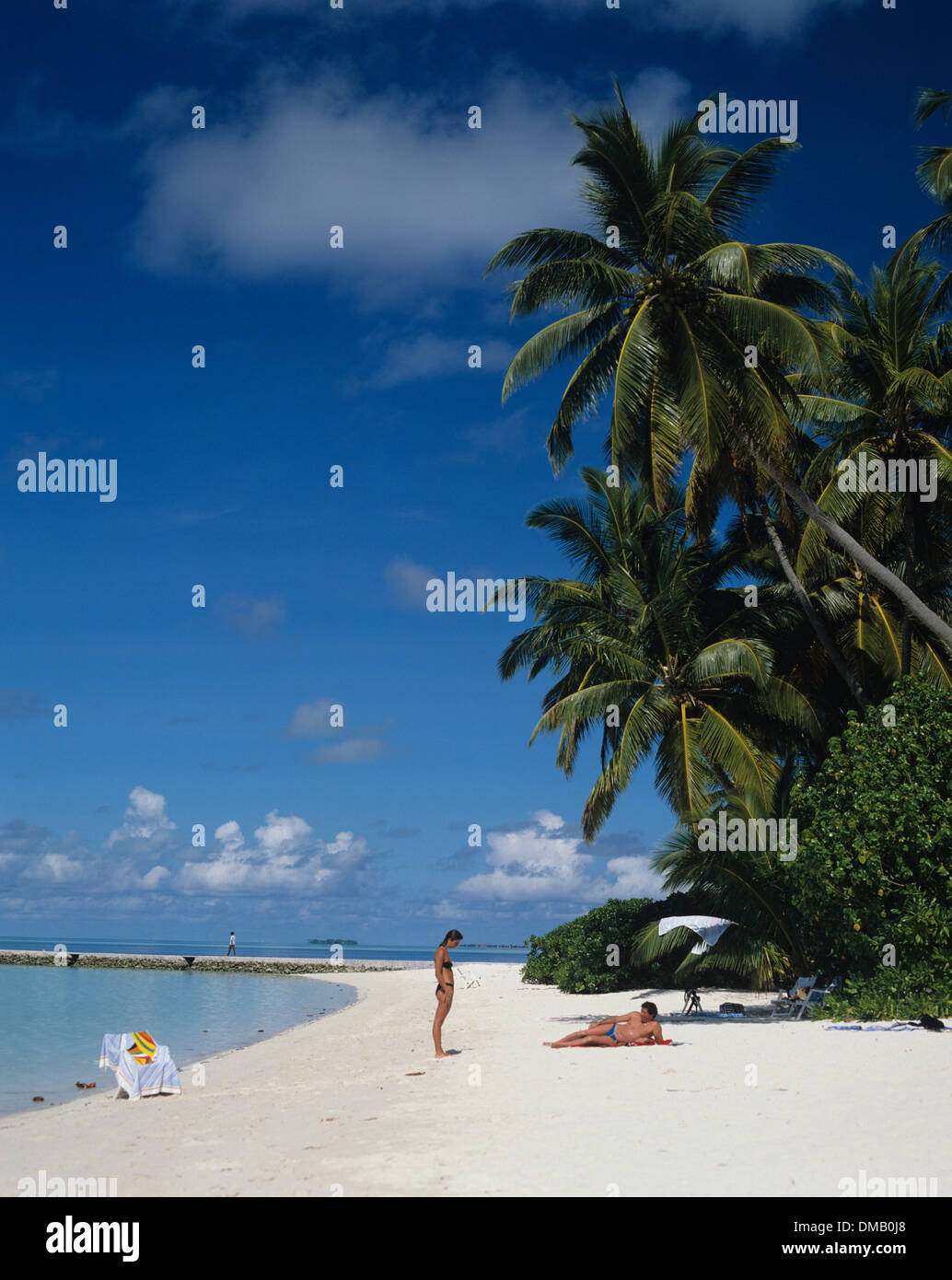 Holiday resort showing beach and palm trees, Maldives Stock Photo