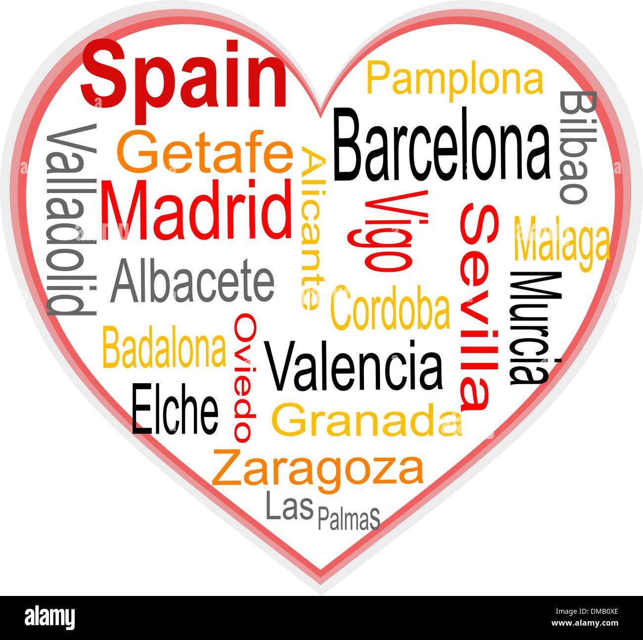 Spain Heart and words cloud with larger cities Stock Vector