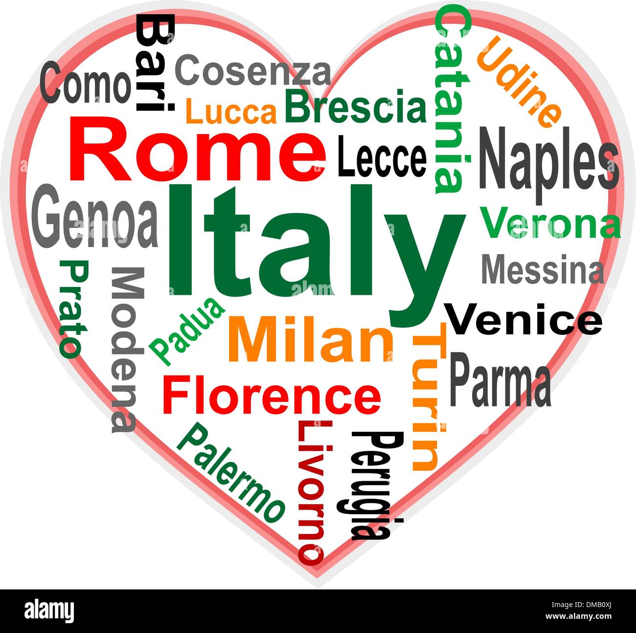 Italy Heart and words cloud with larger cities Stock Vector