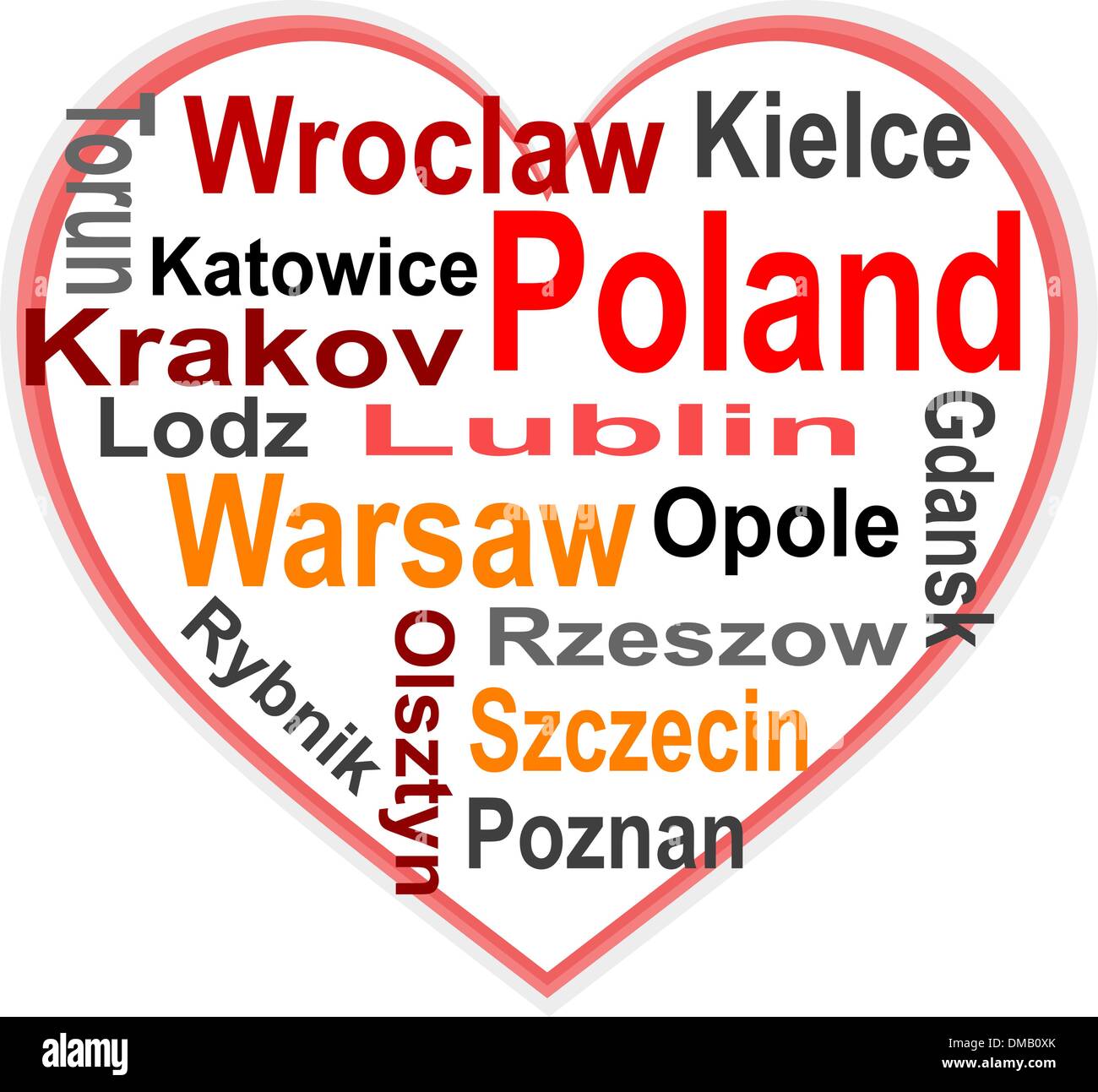 Poland Heart and words cloud with larger cities Stock Vector