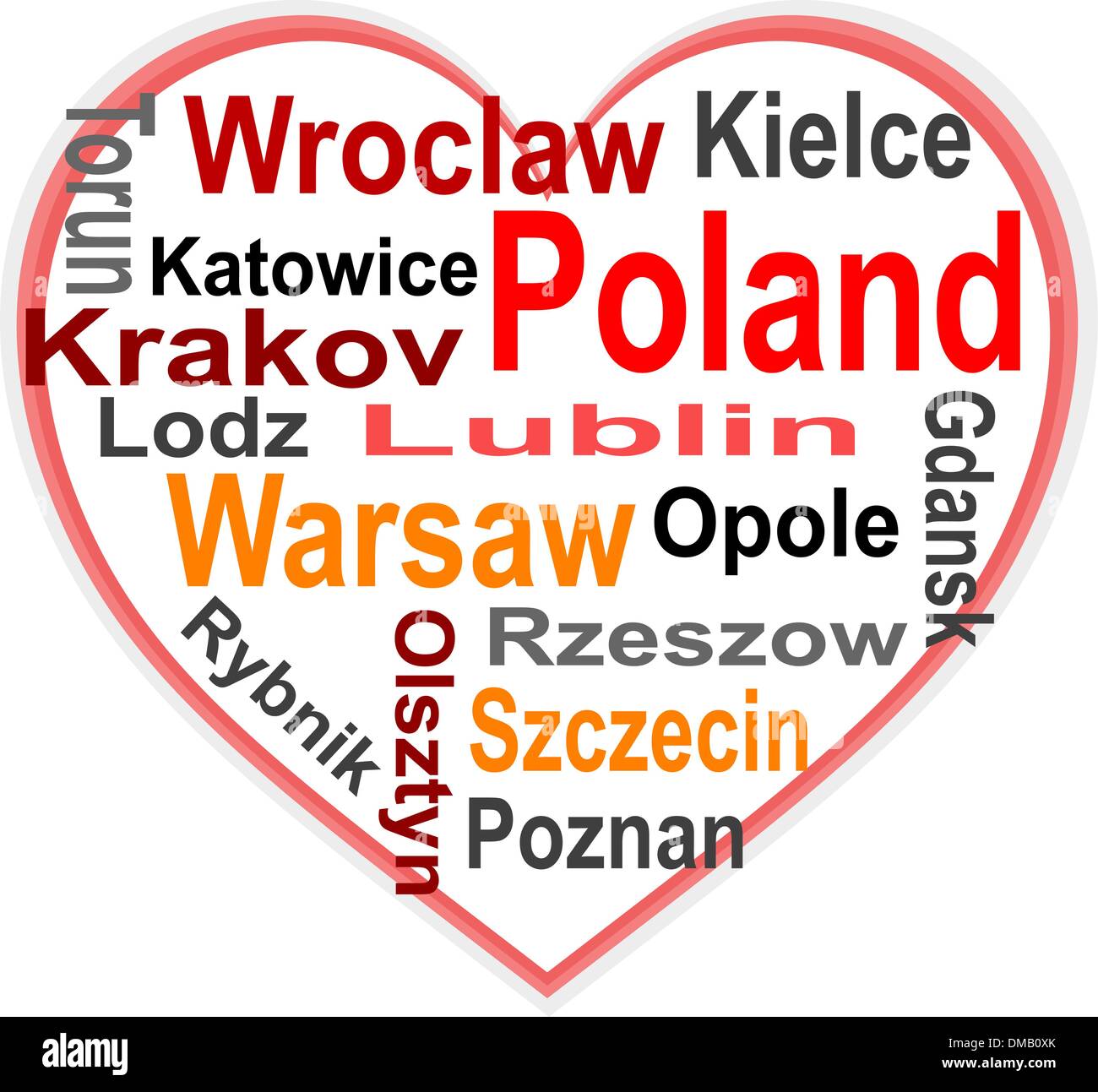 Poland Heart and words cloud with larger cities Stock Vector Image