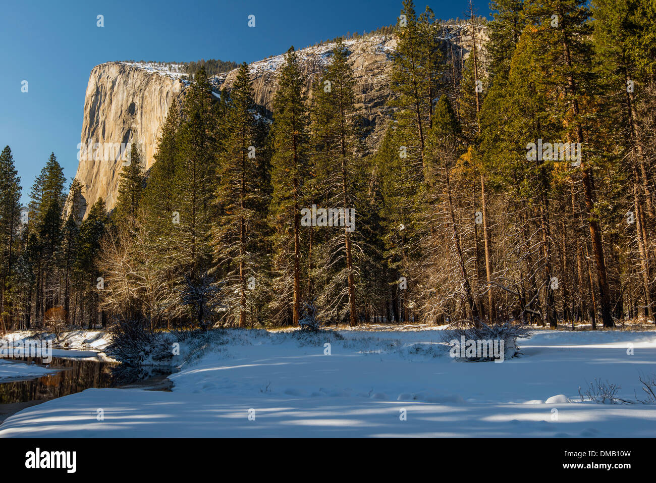 Scenic winter landscape with El Capitan mountain, Yosemite National Park, California, USA Stock Photo