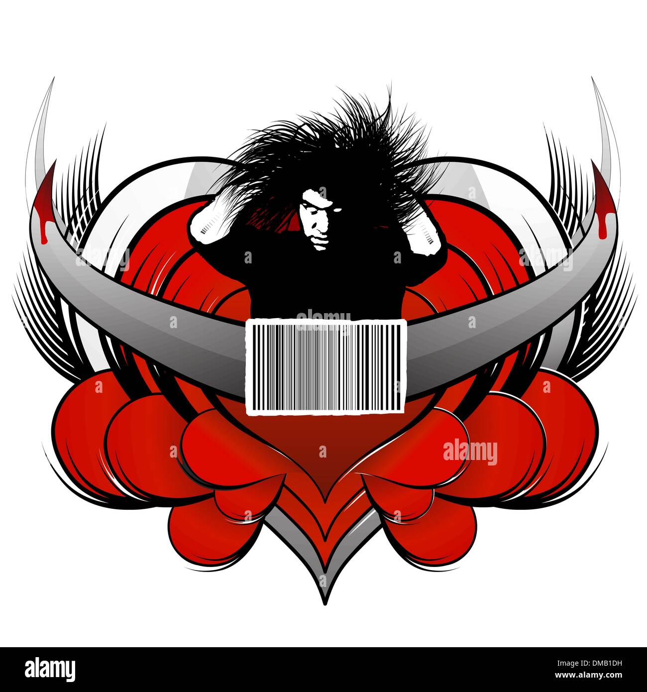Stylized dangerous man design with patterned hearts and bloody h Stock Vector