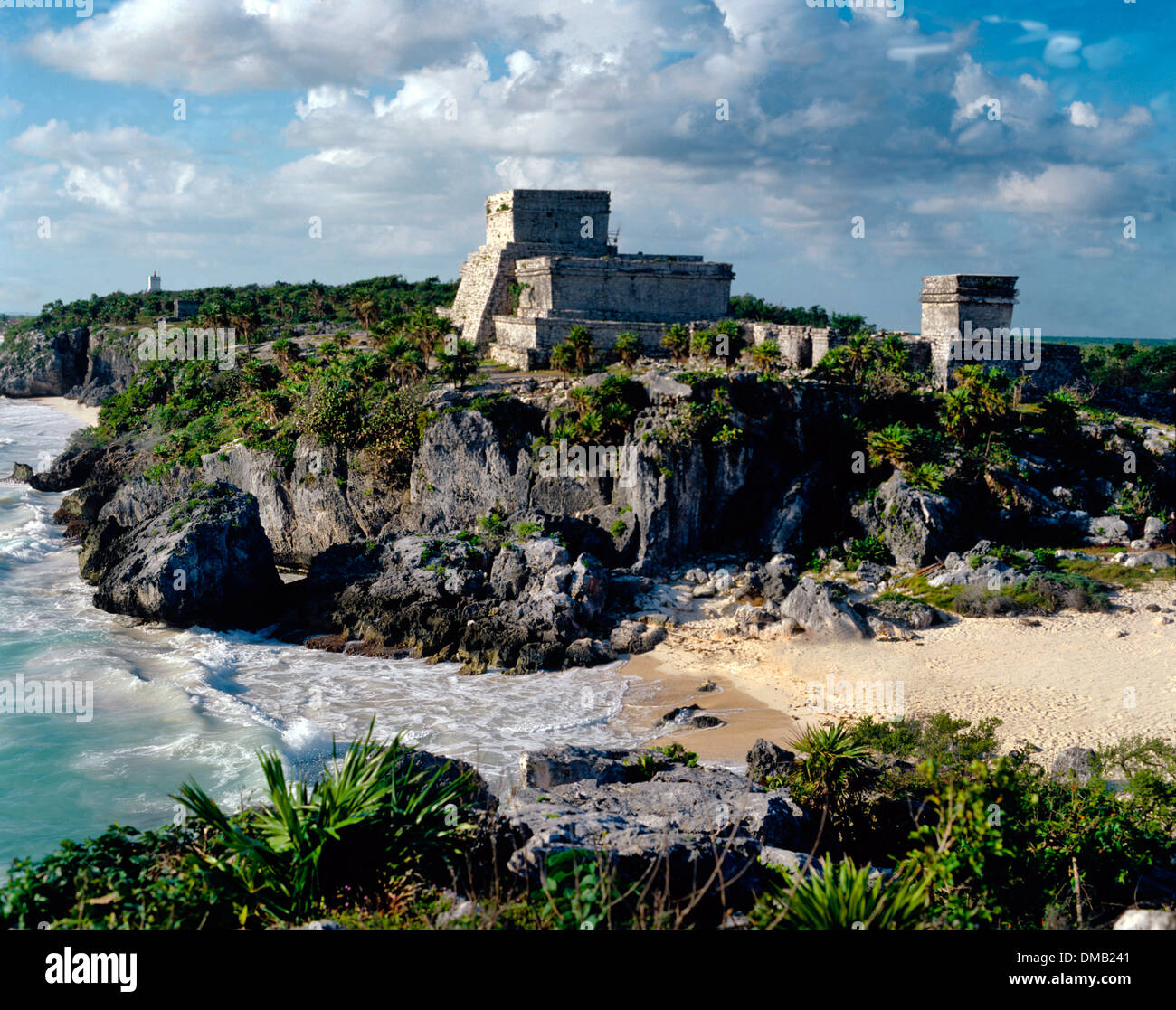 Seaside view of ancient Mayan Ruins showing the Castle (El Castillo), Tulum, Mexico Stock Photo