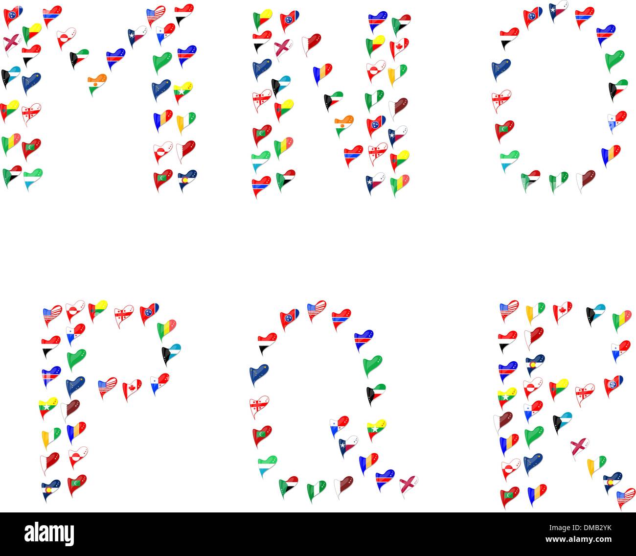 Alphabet letters made of flags in heart Stock Vector