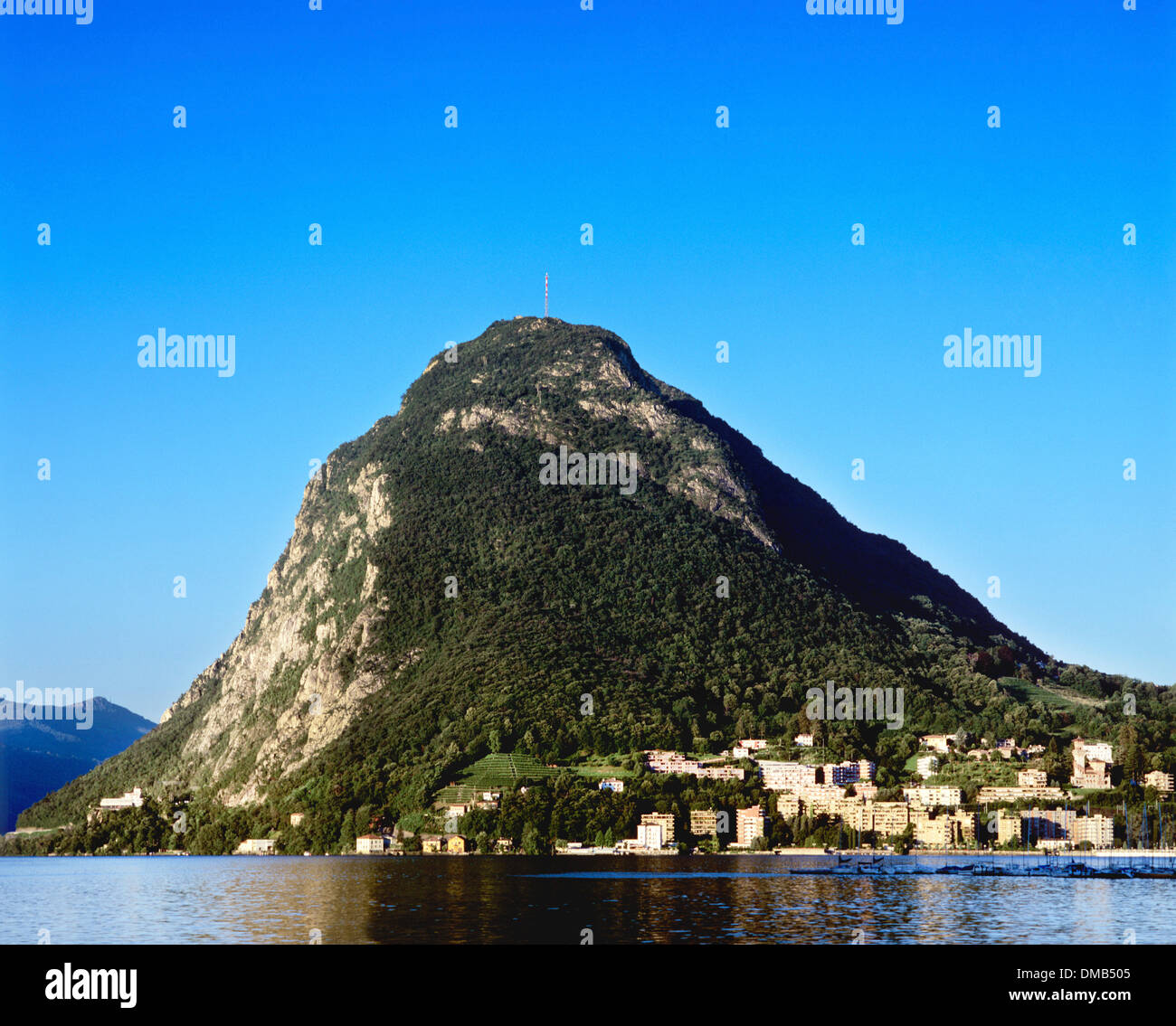 View of Monte San Salvatore showing Lake Lugano in foreground, Lugano, Ticino, Switzerland Stock Photo