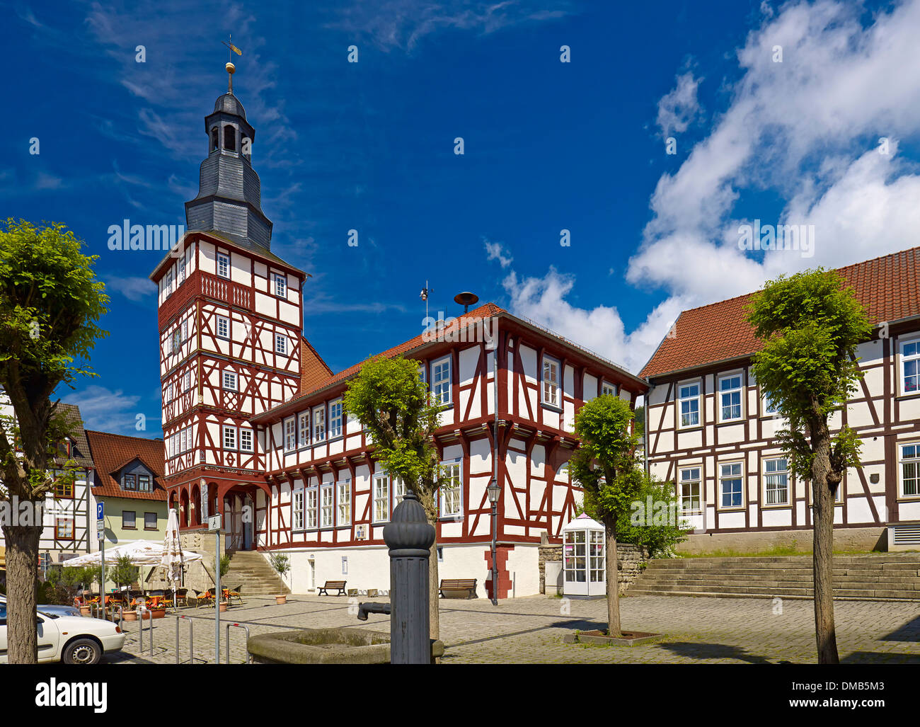 Market with town hall in Treffurt, Werra Valley, Wartburgkreis District, Thuringia, Germany Stock Photo