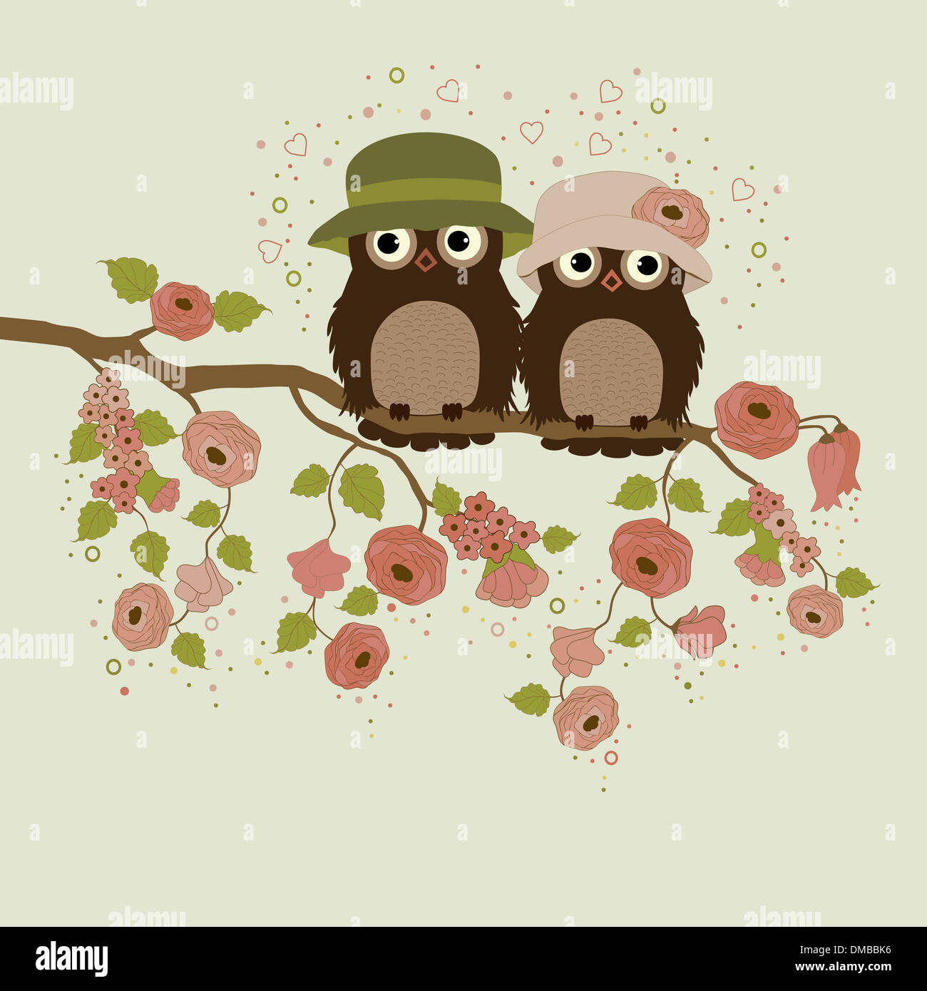 Cute owls on branch with flowers and leafs Stock Photo - Alamy