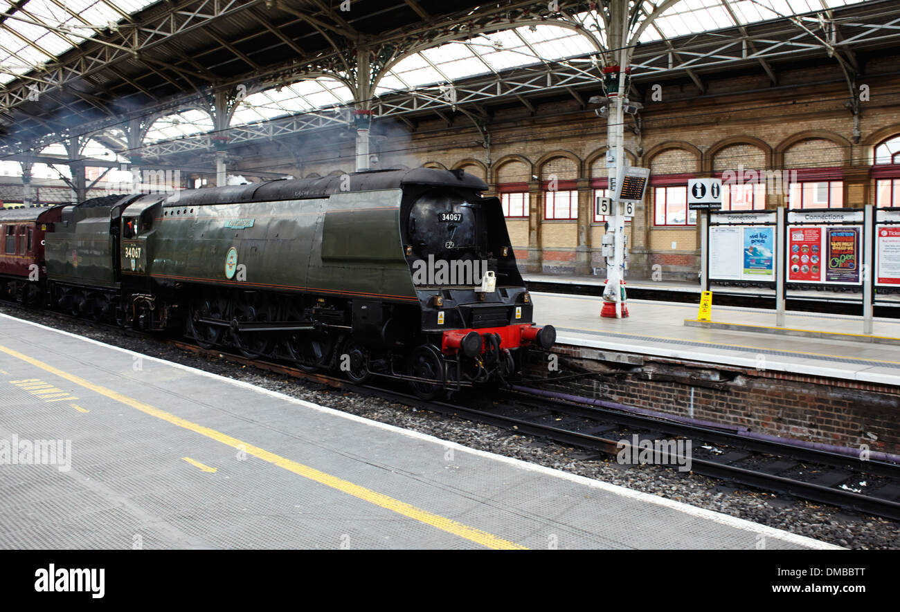 34067 Tangmere west country engine going through Preston Station 2013 Stock Photo