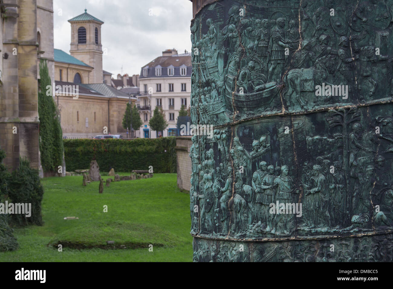 TRAJAN‚ÄôS COLUMN, 19TH CENTURY ELECTROTYPING OF THE LOWER PART OF THE ANCIENT ROMAN MONUMENT, MOAT OF THE CHATEAU OF SAINT-GERMAIN-EN-LAYE TODAY HOUSING THE NATIONAL MUSEUM OF ARCHAEOLOGY, SAINT-GERMAIN-EN-LAYE, YVELINES (78), FRANCE Stock Photo