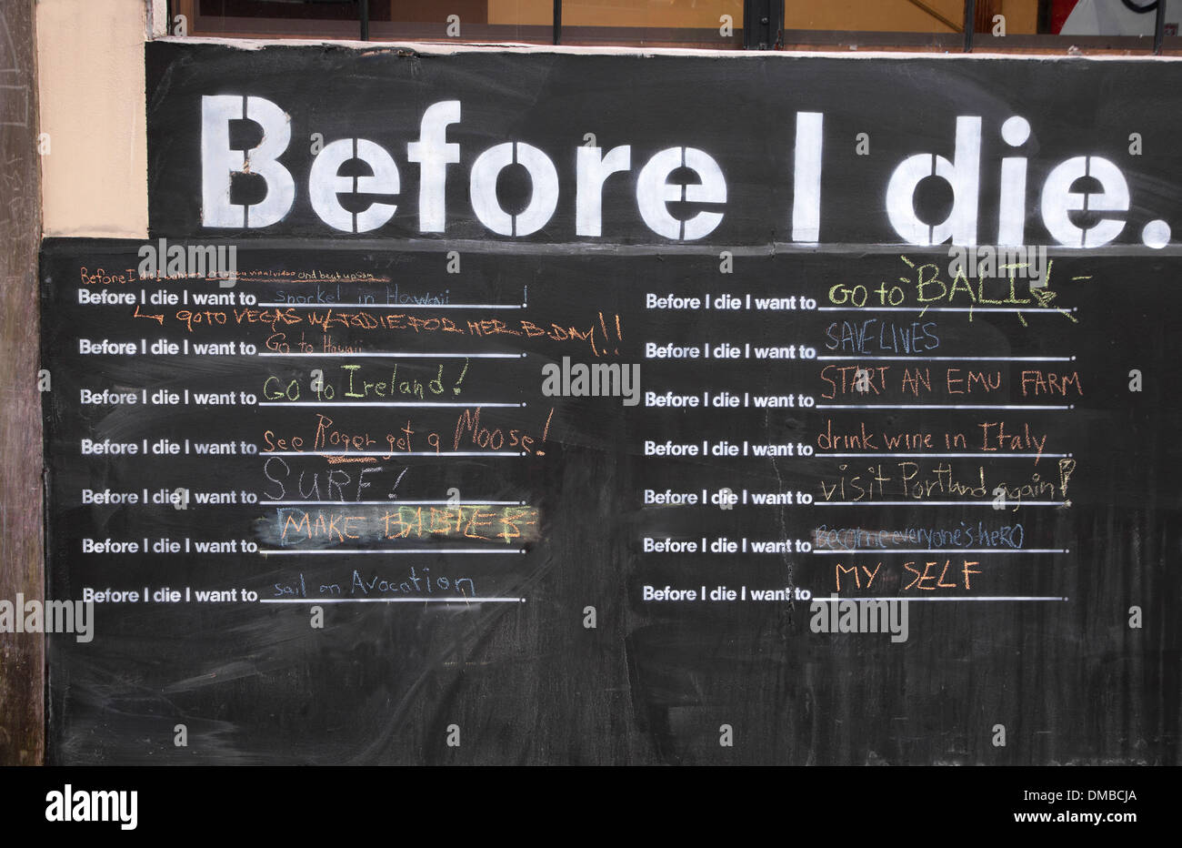 'Before I Die' public art installation in Portland, Maine. Stock Photo