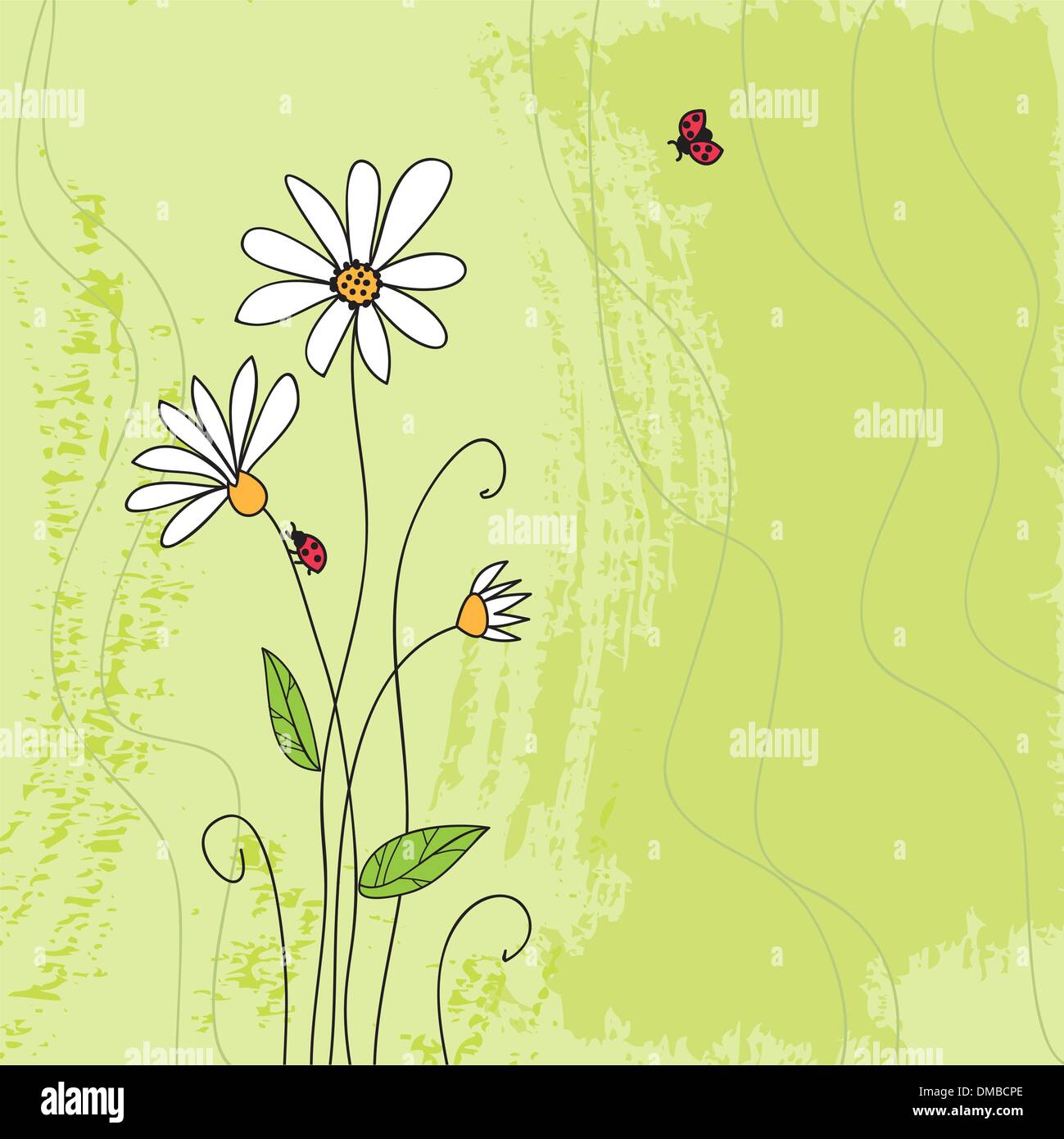 Ladybug on chamomile flower and grunge green grass background Stock Vector