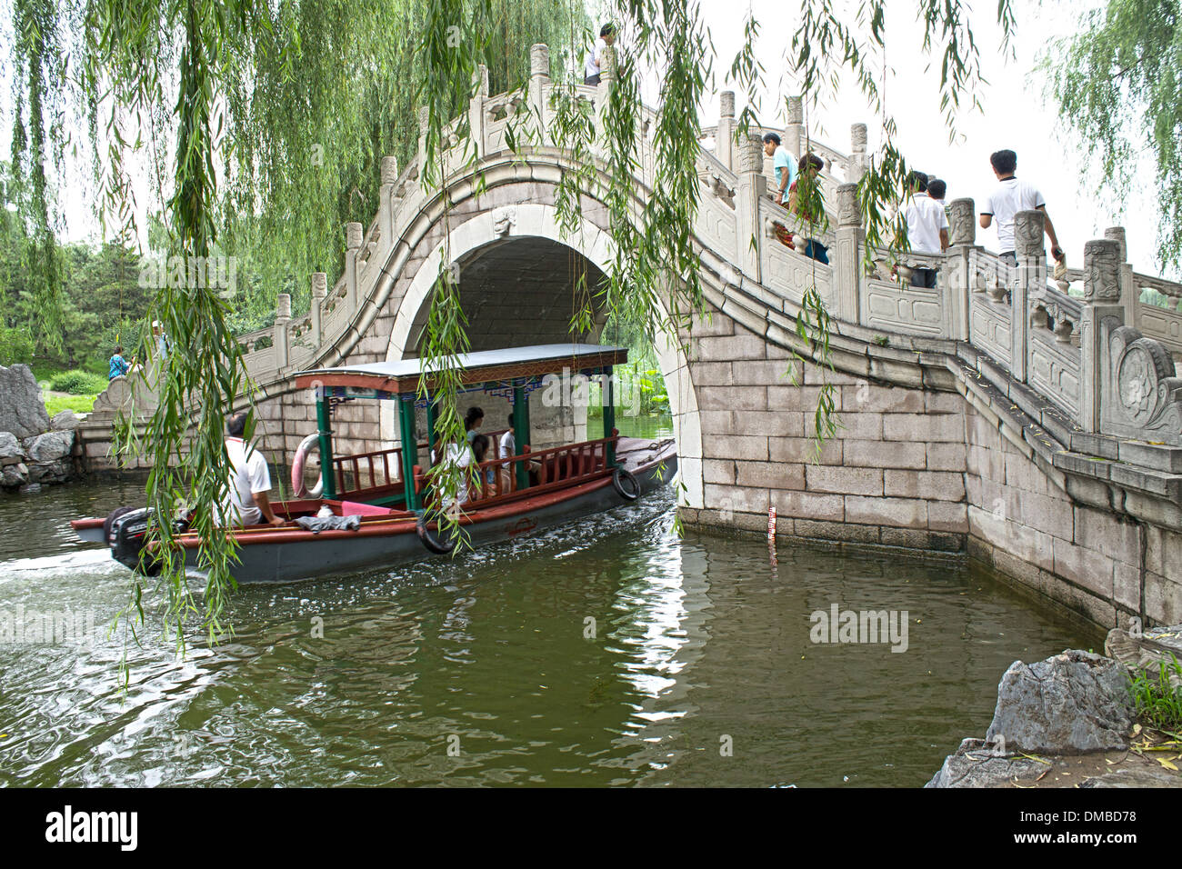 Chinese boat tour of a park. Boat going through an arch bridge Stock ...
