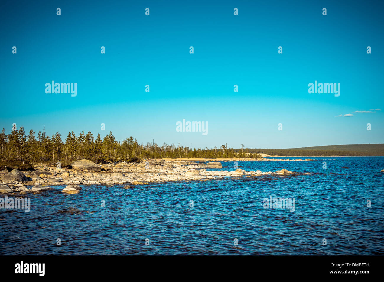 Imandra Lake and Tundra forest Northern Landscape Scandinavian nature Stock Photo