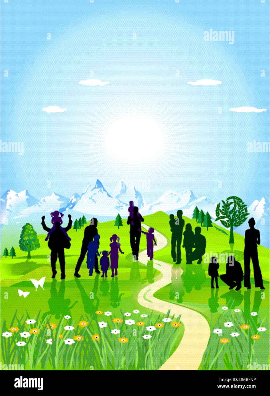 families in the green meadow Stock Vector